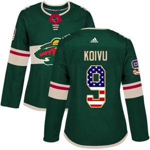 Damen Minnesota Wild Trikot Mikko Koivu 9 Grün USA Flag Fashion Authentic